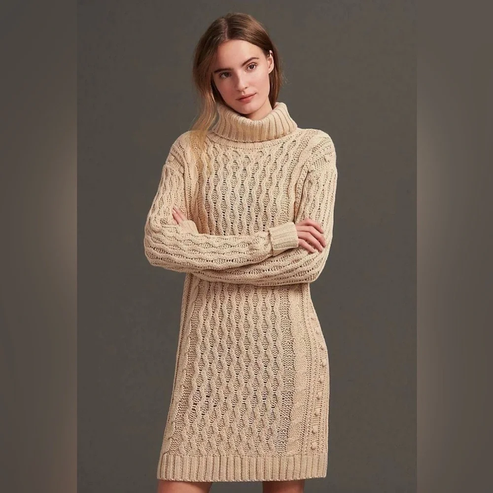 525 America Ivory Sweater Dress Turtleneck Fisherman style small Anthropologie